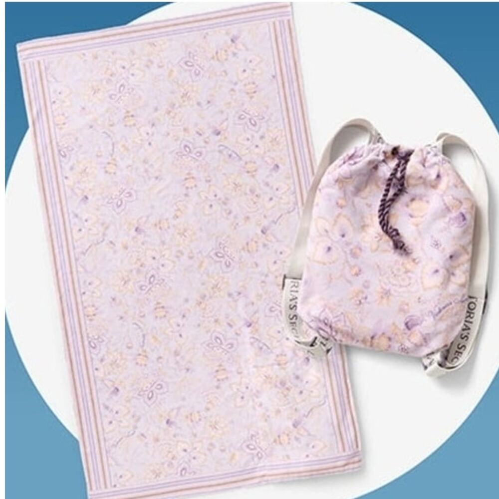 NWT Victoria's Secret Packable Beach Blanket purple floral backpack towel bag